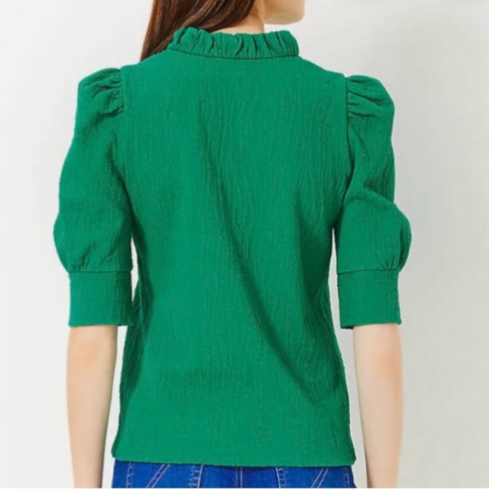 Lilly Pulitzer size M Elsey Knit Top green ruffle collar puff sleeves. - Picture 7 of 14